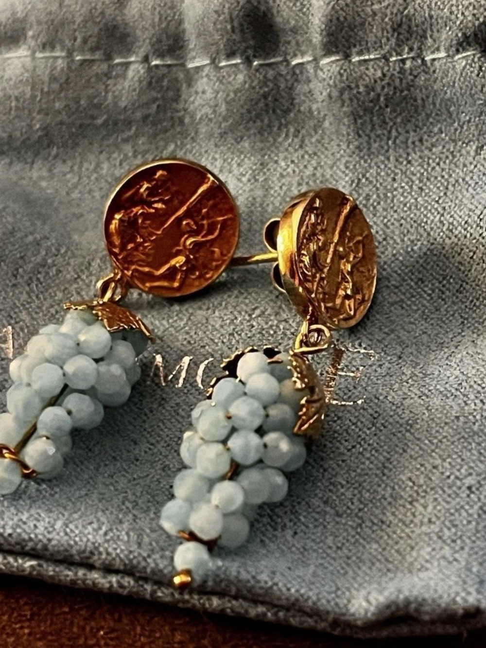 Tagliamonte Gold Coin Drop amazonite Earrings with Pale Blue grape Bead Cluster